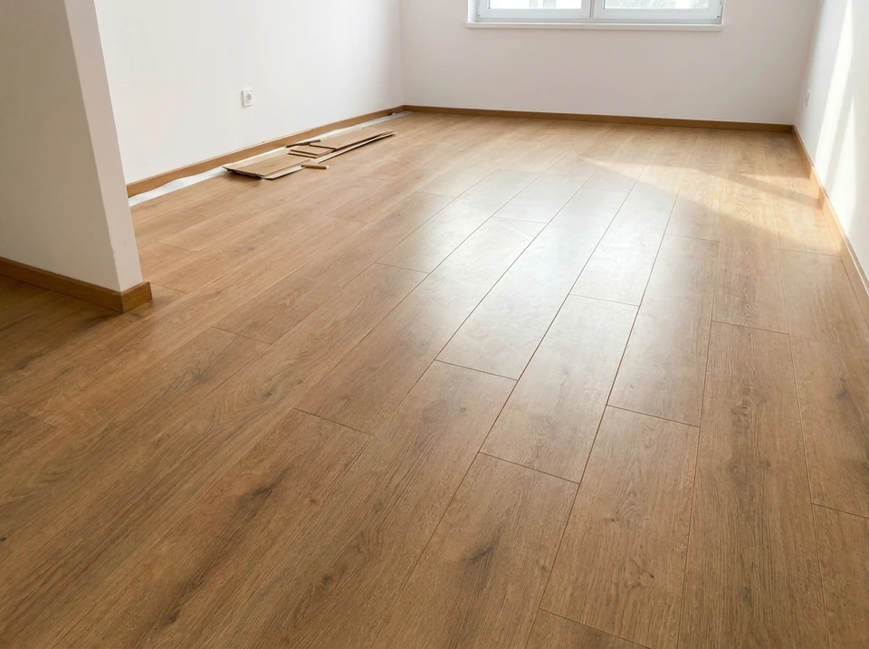 Intérieur d'atelier, ouvrier agenouillé installant du parquet sur sous-couche isolante, pile de lames de parquet stratifié à proximité
