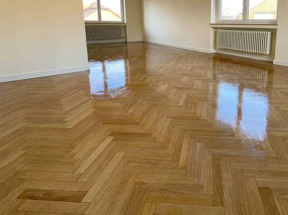 Intérieur de chantier, artisan à genoux appliquant de la colle sur plancher bois avec peigne cranté