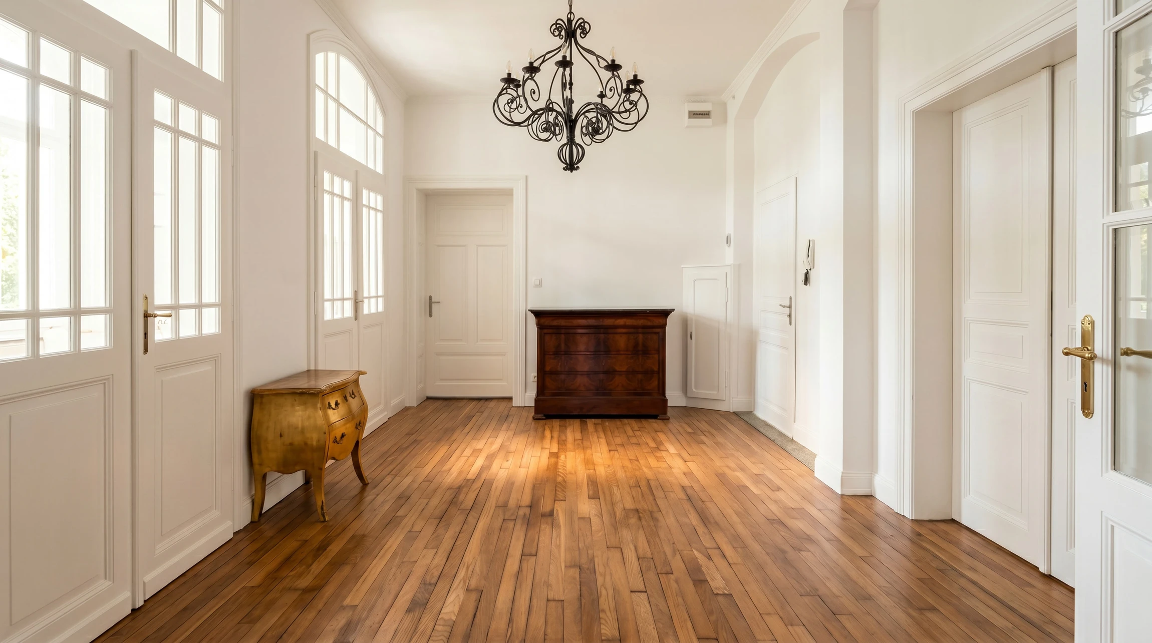 Rénovation de parquet en cours dans une pièce d'appartement ancien avec radiateur fonte
